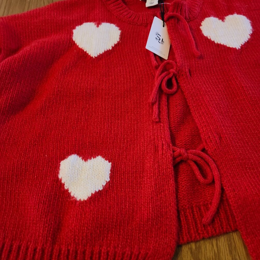NWT Sincerely Jules Women Knit Cardigan Red Heart Print Tie Front – Size L - Picture 7 of 11